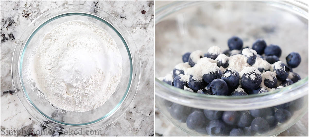 Steps for making Blueberry Muffins, including tossing the blueberries in flour.