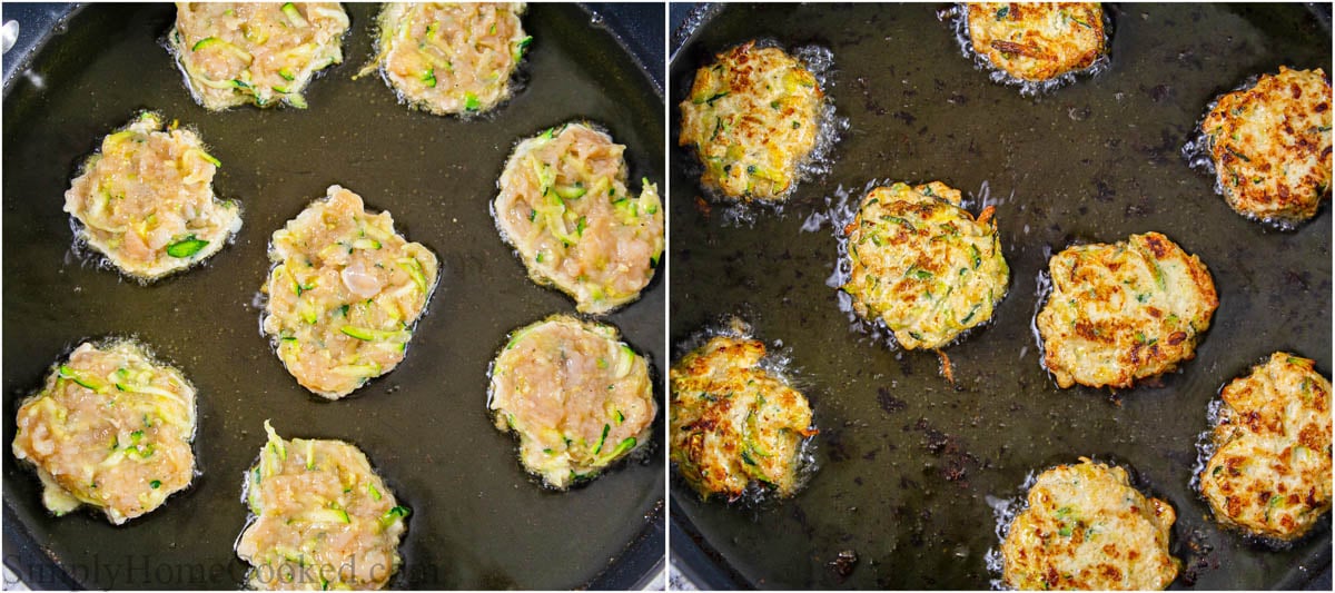Steps to make Chicken Fritters with Zucchini, including frying them until golden brown.
