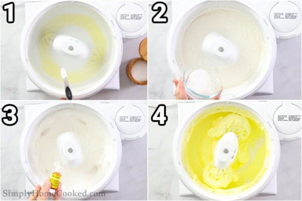 Steps to make Lemon Macarons: mix the egg whites, salt, cream of tartar, vanilla extract, and lemon extract until foamy, then add the sugar and food coloring, beating into stiff peaks in a stand mixer.