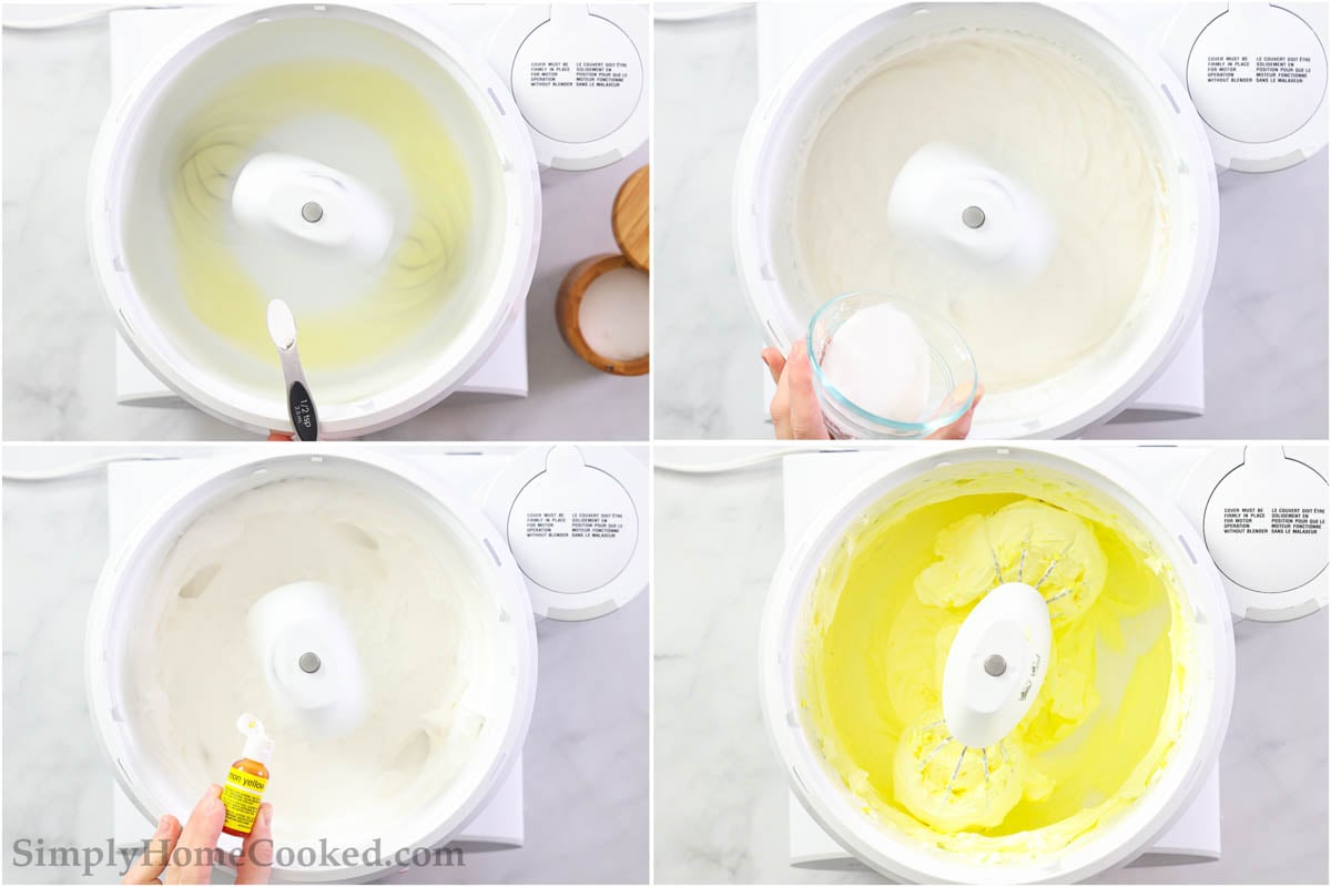 Steps to make Lemon Macarons, including whisking the egg whites and wet ingredients until they develop stiff peaks.