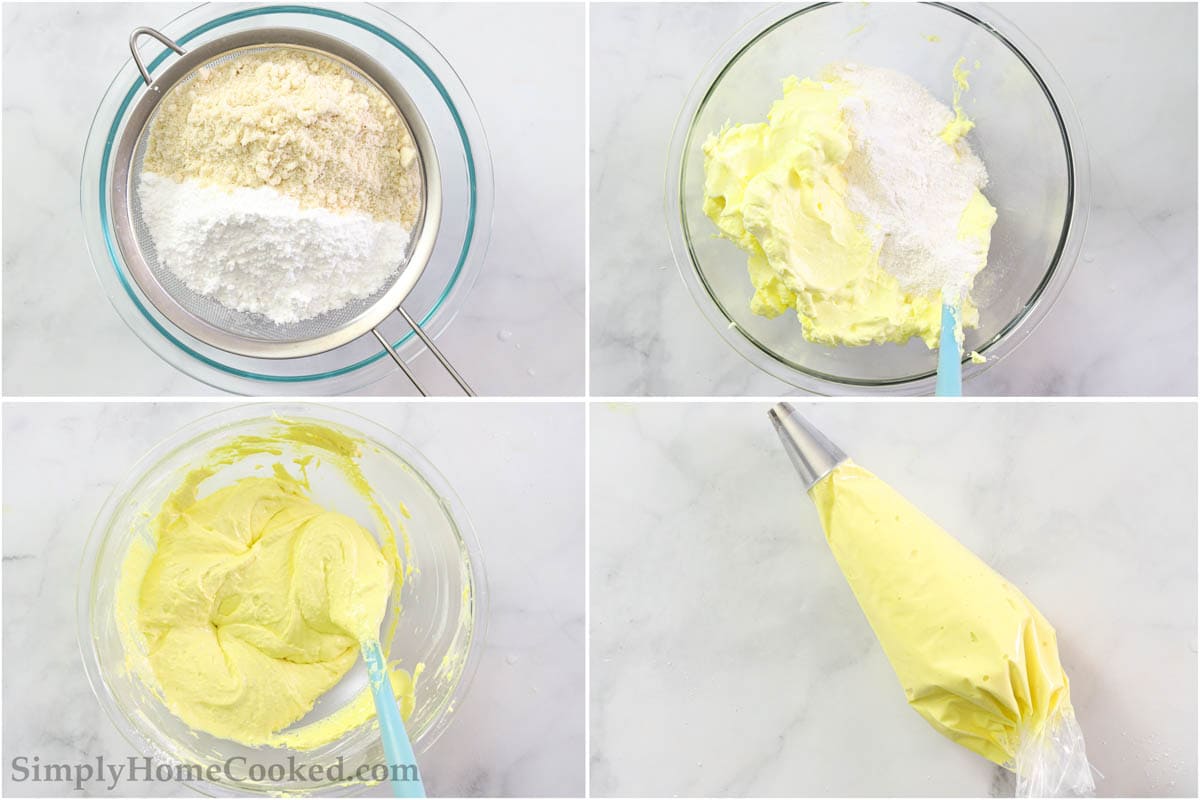 Steps to make Lemon Macarons, including sifting the dry ingredients, folding in the egg whites, and then placing the macaron batter into a piping bag.