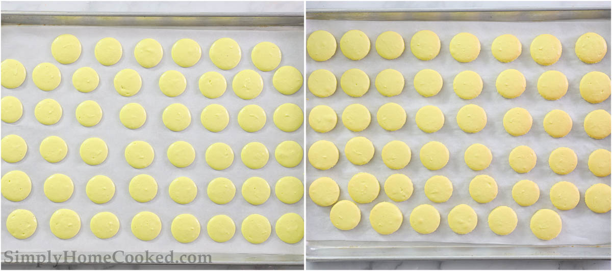 Steps to make Lemon Macarons, including piping the batter onto a baking sheet, allowing to dry and then baking until feet form.