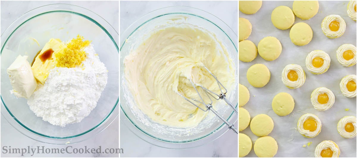Steps to make Lemon Macarons, including making lemon buttercream and then piping a border on the macaron shells with lemon curd in the center.