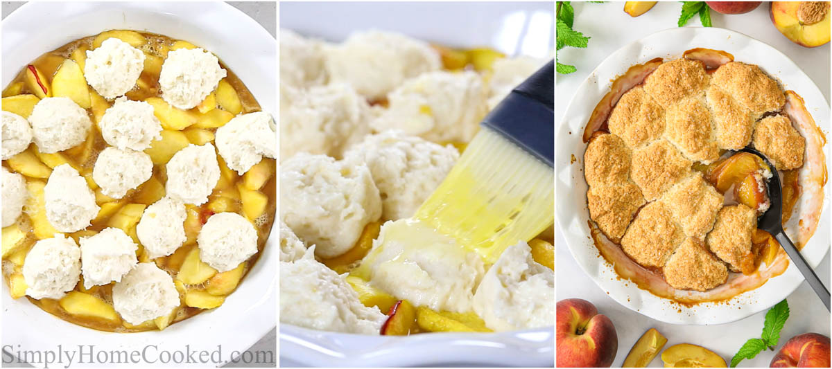 Steps to make Easy Peach Cobbler recipe, including baking the peaches and then baking the biscuit topping on with butter and sugar.