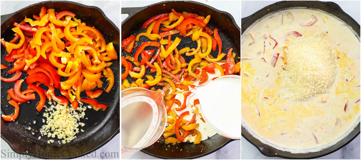 Steps to make Rasta Pasta, including cooking the bell peppers and garlic until tender, then adding the heavy cream, pasta water, and Parmesan cheese to make the sauce.
