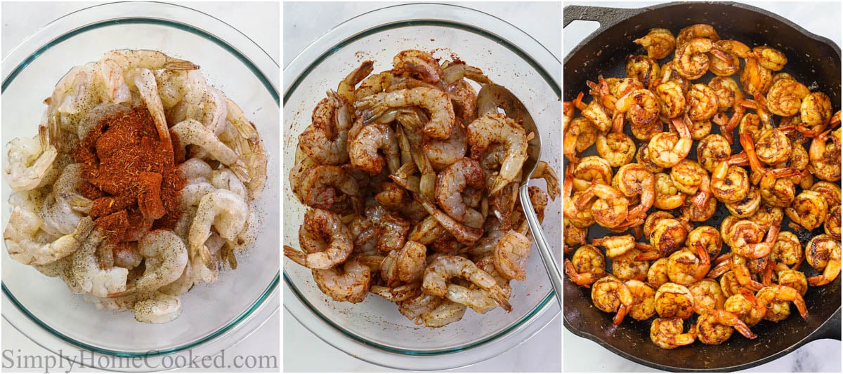 Steps to make Rasta Pasta, including seasoning the shrimp and then cooking them in a cast iron skillet.
