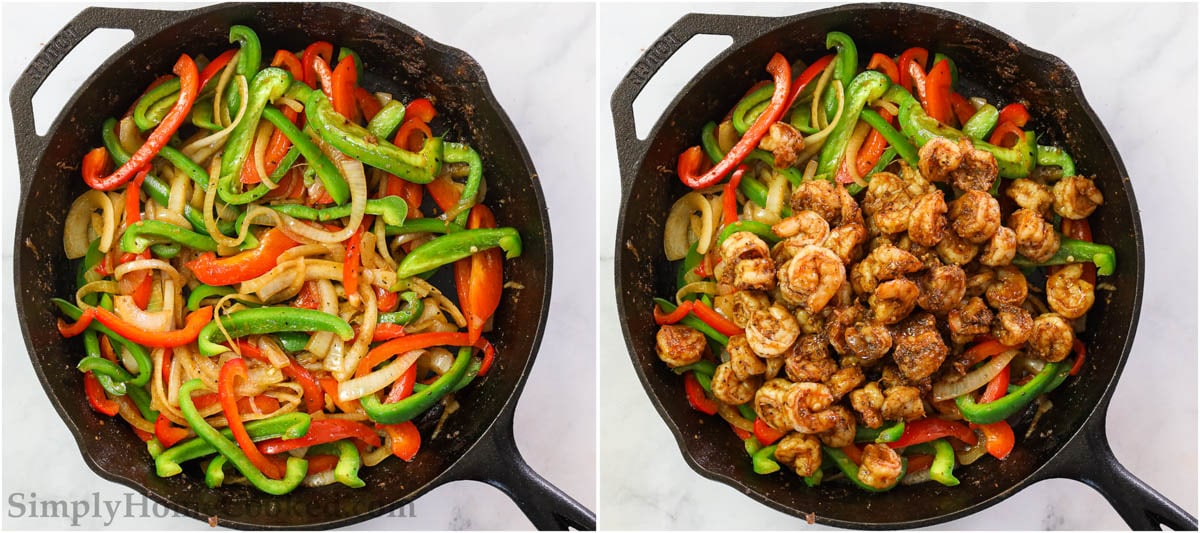 Steps to make Shrimp Fajitas, including combining the sauteed vegetables with the cooked shrimp.