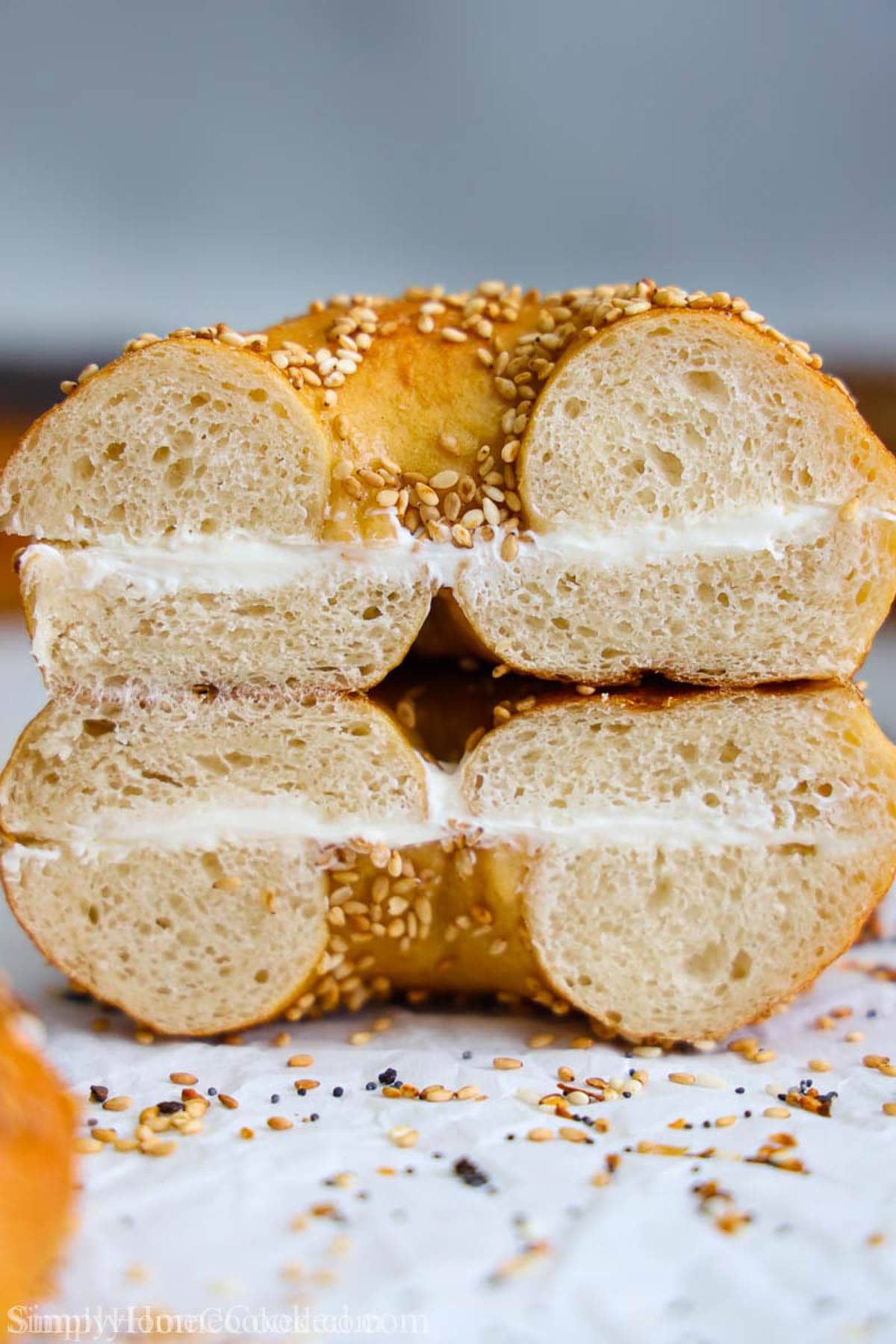 New York Bagels sliced in half with cream cheese