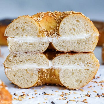 New York Bagels sliced in half with cream cheese