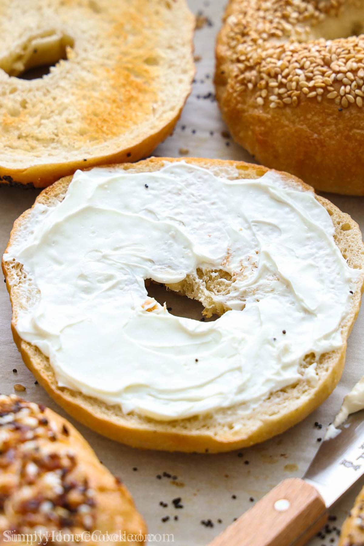 New York bagel with a spread of cream cheese