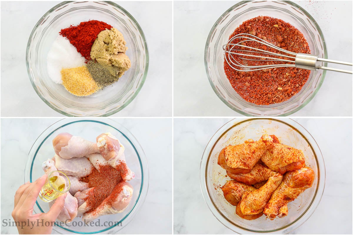 Steps to make Air Fryer Chicken Legs, including mixing the spice rub and coating the chicken legs in it.