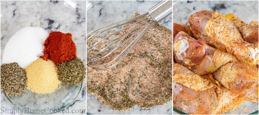 Steps to make Baked Chicken Drumsticks, including mixing the spices and tossing them with the chicken.