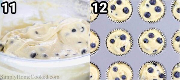 Steps to make Blueberry Muffins: scoop the batter into muffin tins and add blueberries on top.