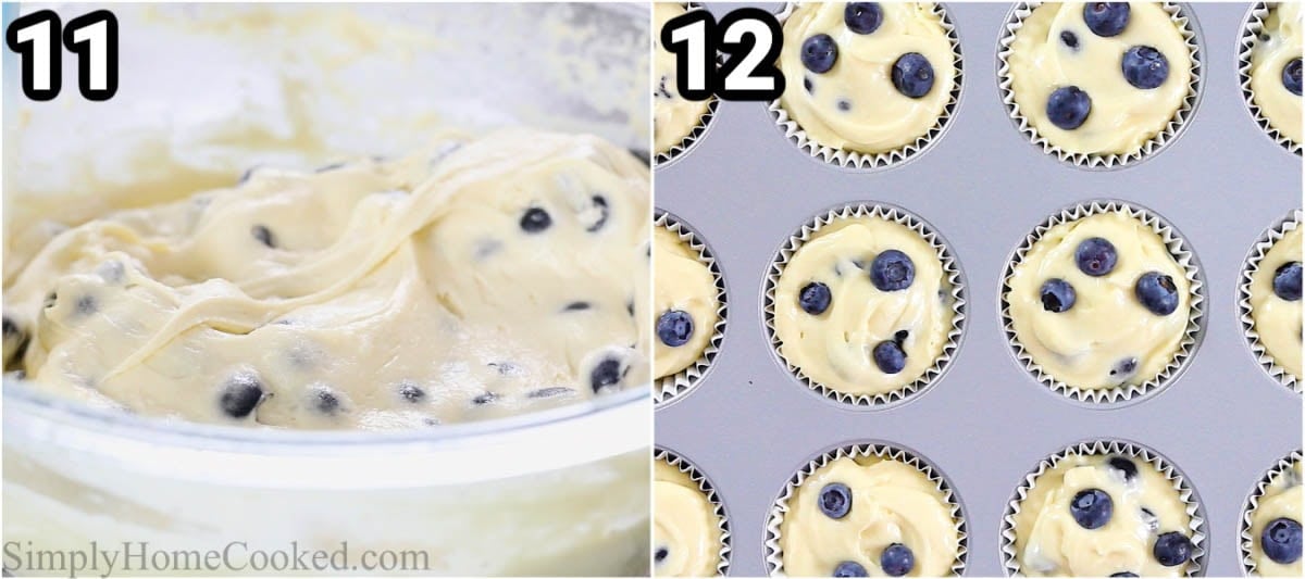 Steps to make Blueberry Muffins: scoop the batter into muffin tins and add blueberries on top.