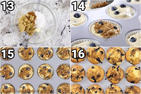Steps to make Blueberry Muffins: make the topping with butter, flour, salt, cinnamon, and brown sugar, add it to the tops of the muffins and bake.