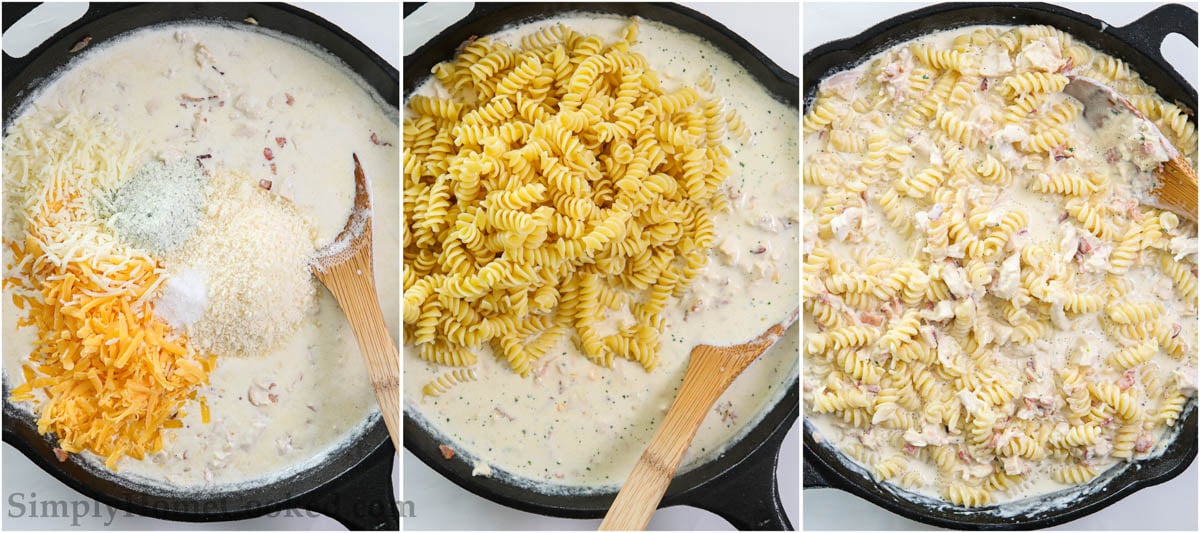 Steps to make Chicken Bacon Ranch Pasta, including adding the cheese and pasta to the cream sauce and mixing.