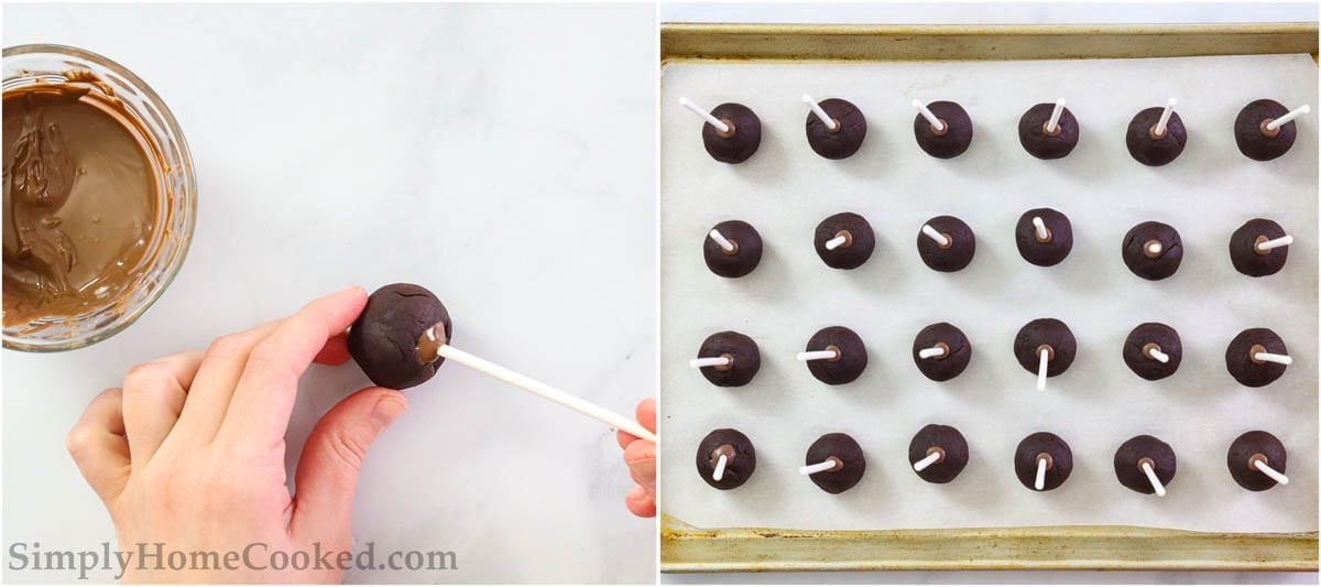 Steps to make Chocolate Cake Pops, including dipping the stick into melted candy before placing it in the cake ball, and freezing to lock it in.