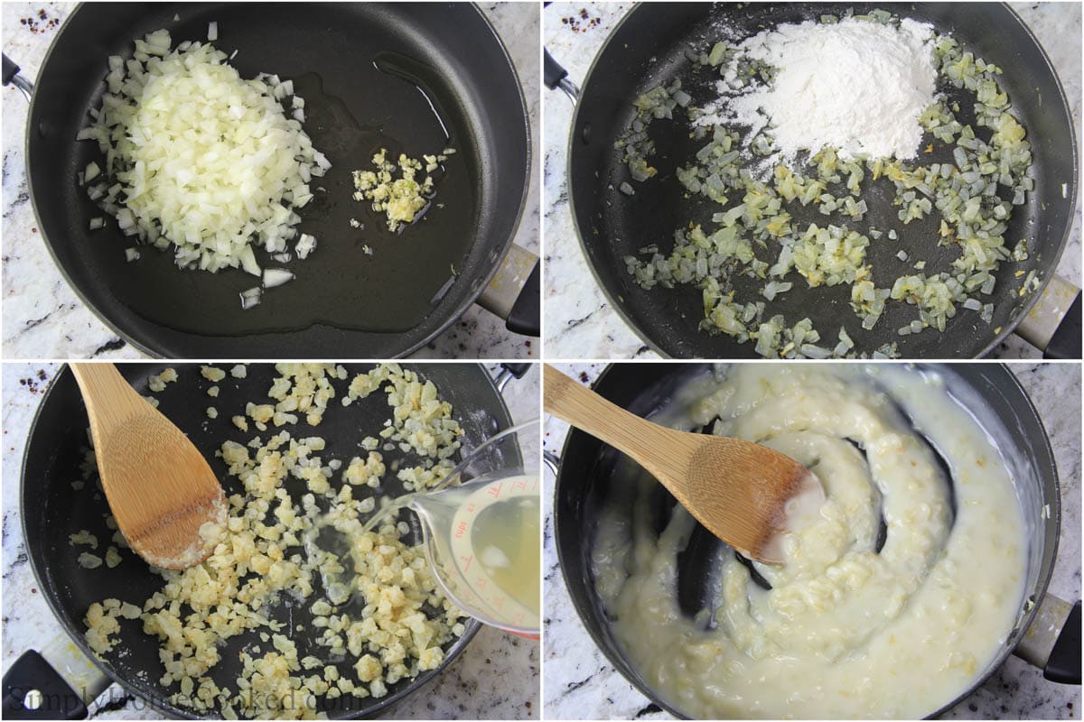 Steps to make Easy Chicken Enchiladas including sauteing the garlic and onion, adding the flour and broth, and stirring.