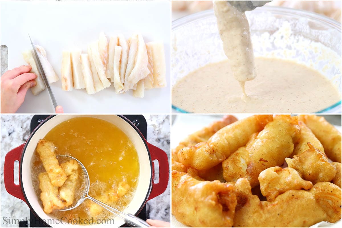 4 image collage on steps to cut, batter, and fry fish for fish tacos