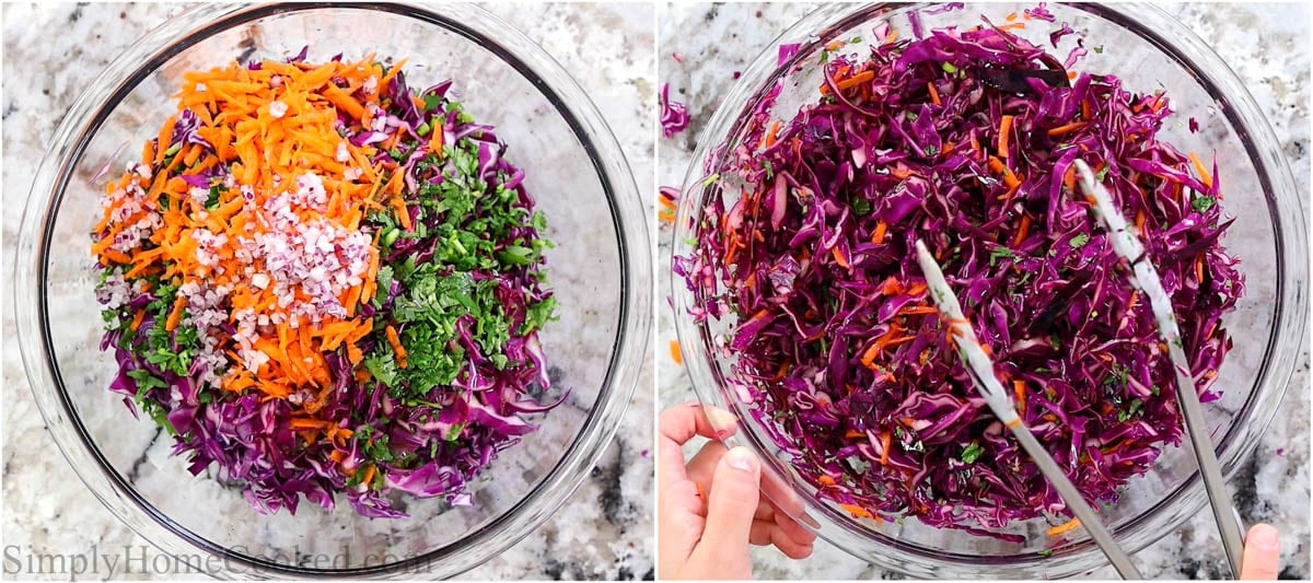 2 image collage on steps to make cabbage slaw for fish tacos