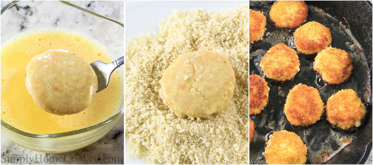 Steps to make Healthy Chicken Nuggets with Quinoa, including breading and frying them.