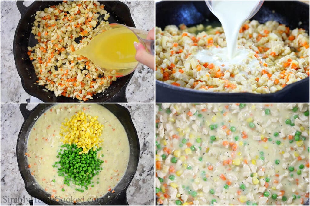 Steps to make Mini Chicken Pot Pies, including adding the broth, cream,  corn, and peas, then mixing it all together.