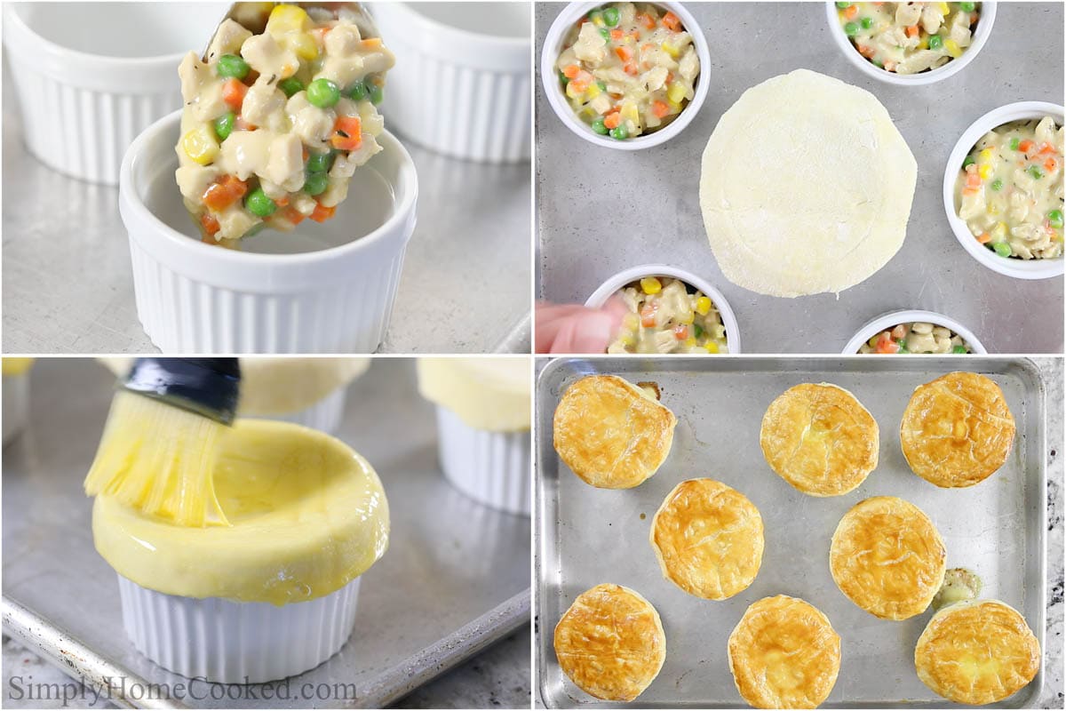 Steps to make Mini Chicken Pot Pies, including filling the ramekins, topping with puff pastry, brushing with egg wash, and then baking.