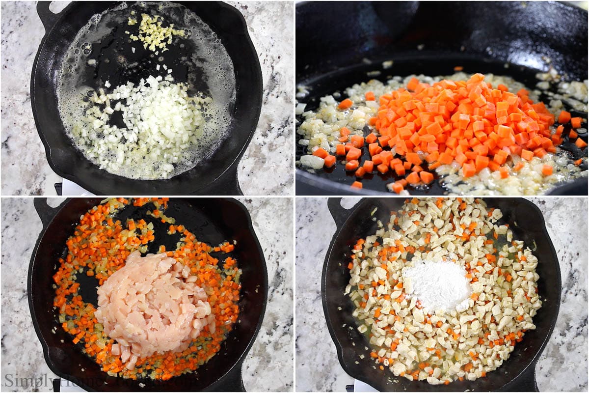 Steps to make Mini Chicken Pot Pies, including sauteeing the vegetables and then mixing in and cooking the chicken and the flour.