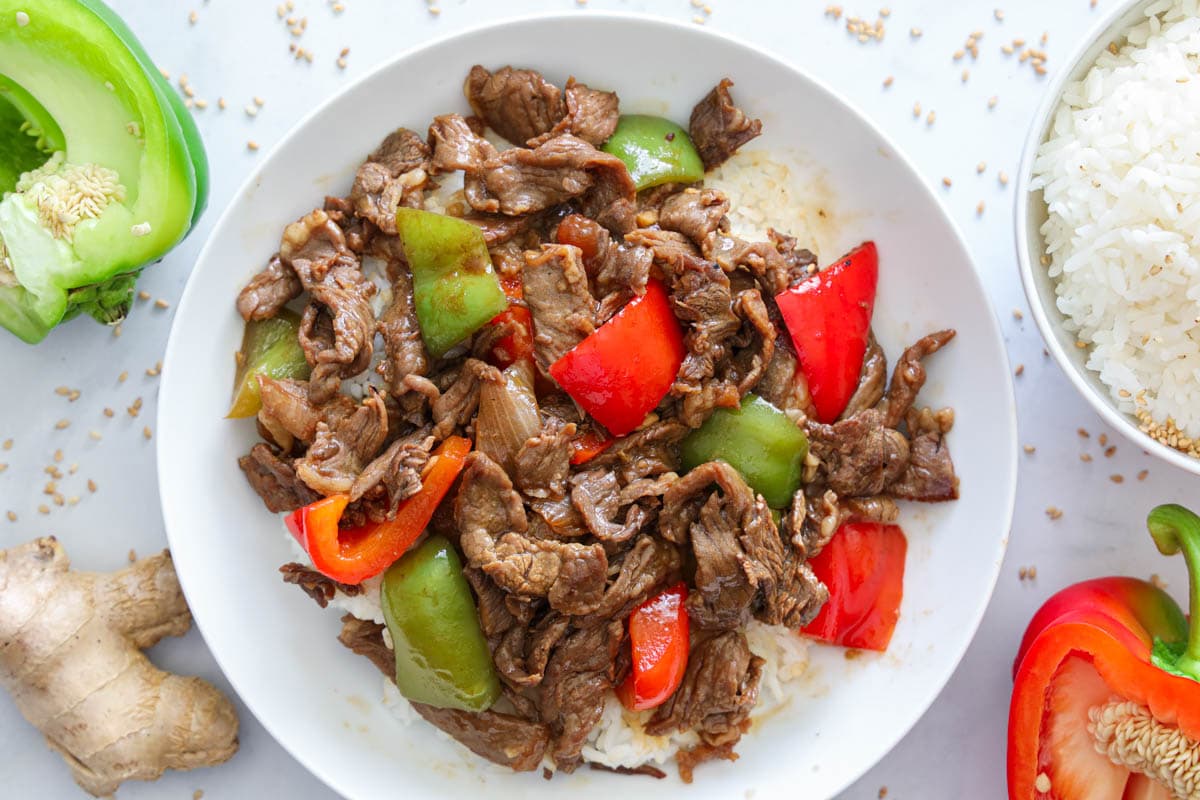 Horizontal image of Pepper Steak over rice 