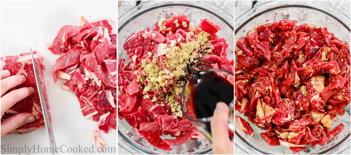 Steps to make Pepper Steak, including slicing the sirloin and marinating the steak.