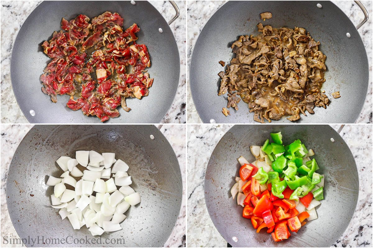Steps to make Pepper Steak, including sauteeing the steak and then the onion and peppers.