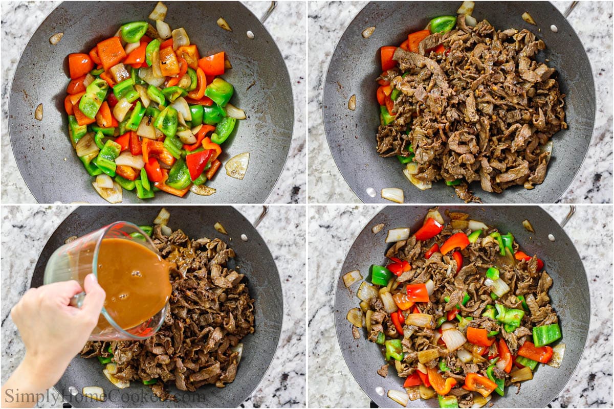 Steps to make Pepper Steak, including combining the vegetables and steak, then adding the sauce.