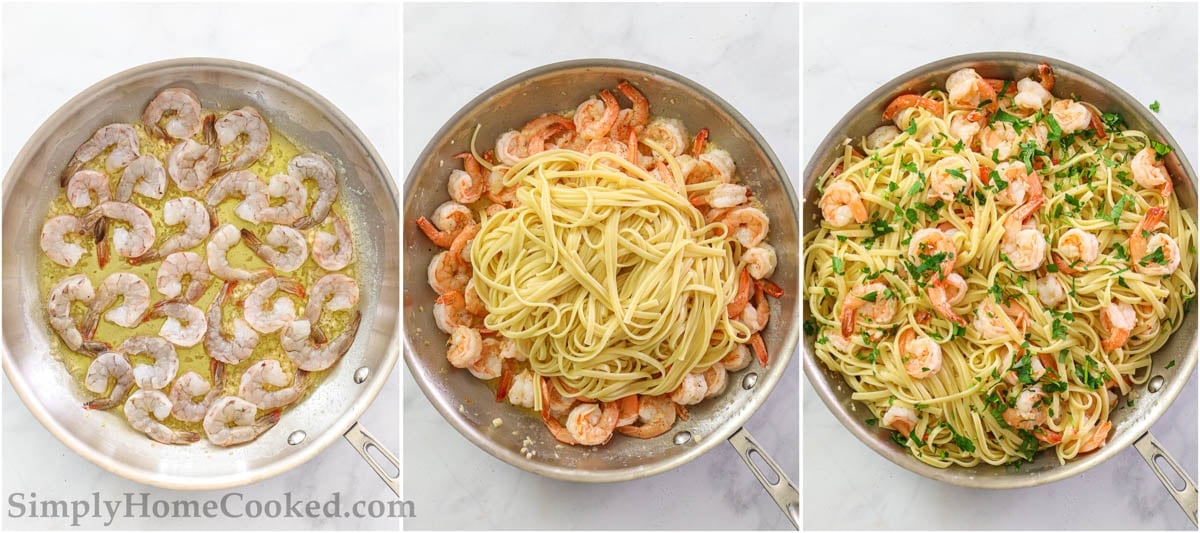 step by step photo collage on how to make shrimp linguine