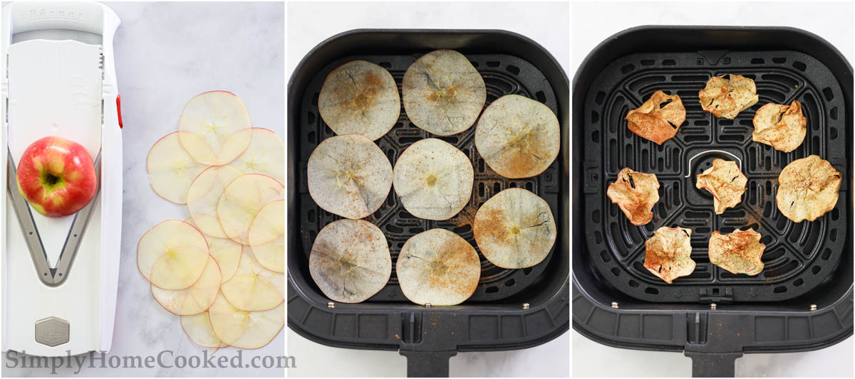 Steps to make Crispy Air Fryer Apple Chips, including cutting the apples thinly and then sprinkling with cinnamon before cooking in an air fryer.