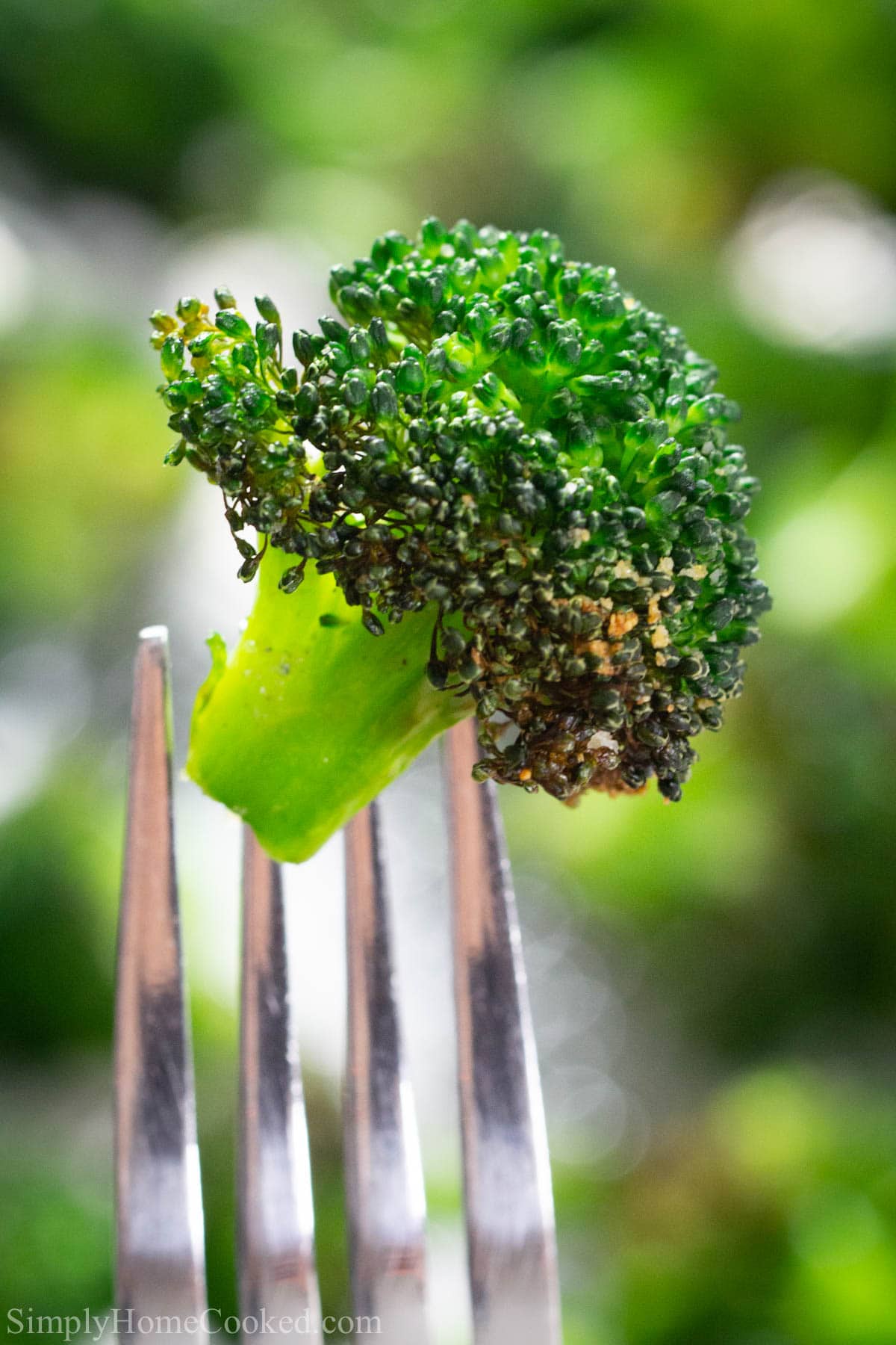 Vertical image of a close up of Crispy Air Fryer Broccoli on a fork.