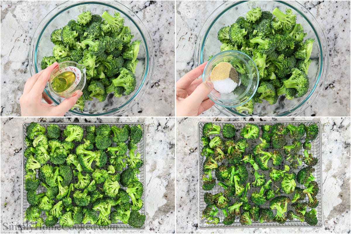 Steps to make Crispy Air Fryer Broccoli including adding oil and seasoning to it, tossing to mix, and then cooking in the air fryer.