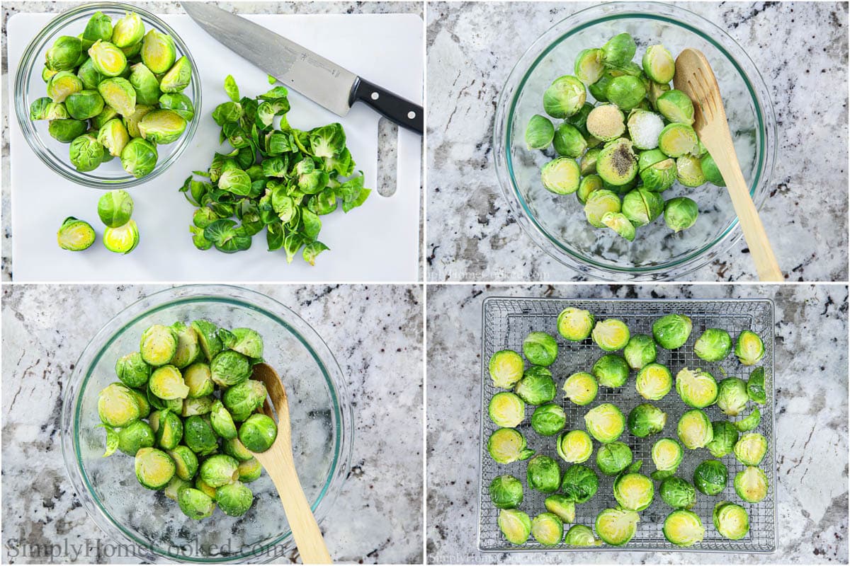 Steps to make Air Fryer Brussels Sprouts, including chopping them, seasoning them, and frying them in the air fryer.