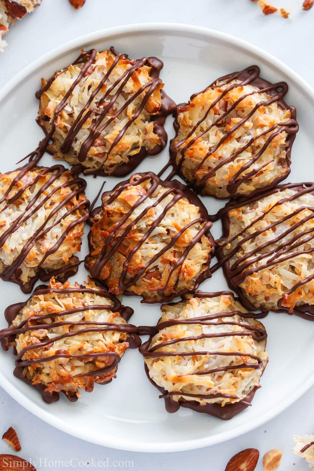 Vertical image of a plate of Almond Joy Cookies