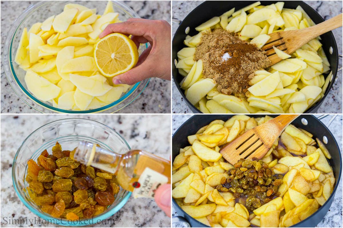 Steps to make Apple Strudel, including adding lemon juice to the apple slices, then mixing in the brown sugar and cinnamon, soaking the raisin in rum, and adding it all together.