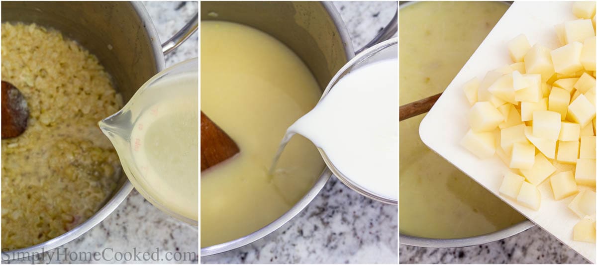 Steps to make Baked Potato Soup,, including adding the broth, milk, and potatoes to the soup.