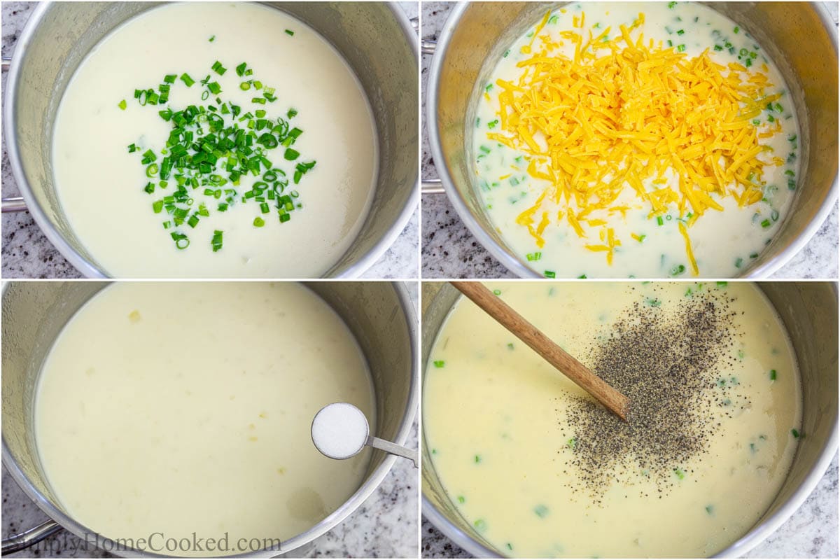 Steps to make Baked Potato Soup,, including adding the green onion, cheese, and seasonings to the soup, and stirring.