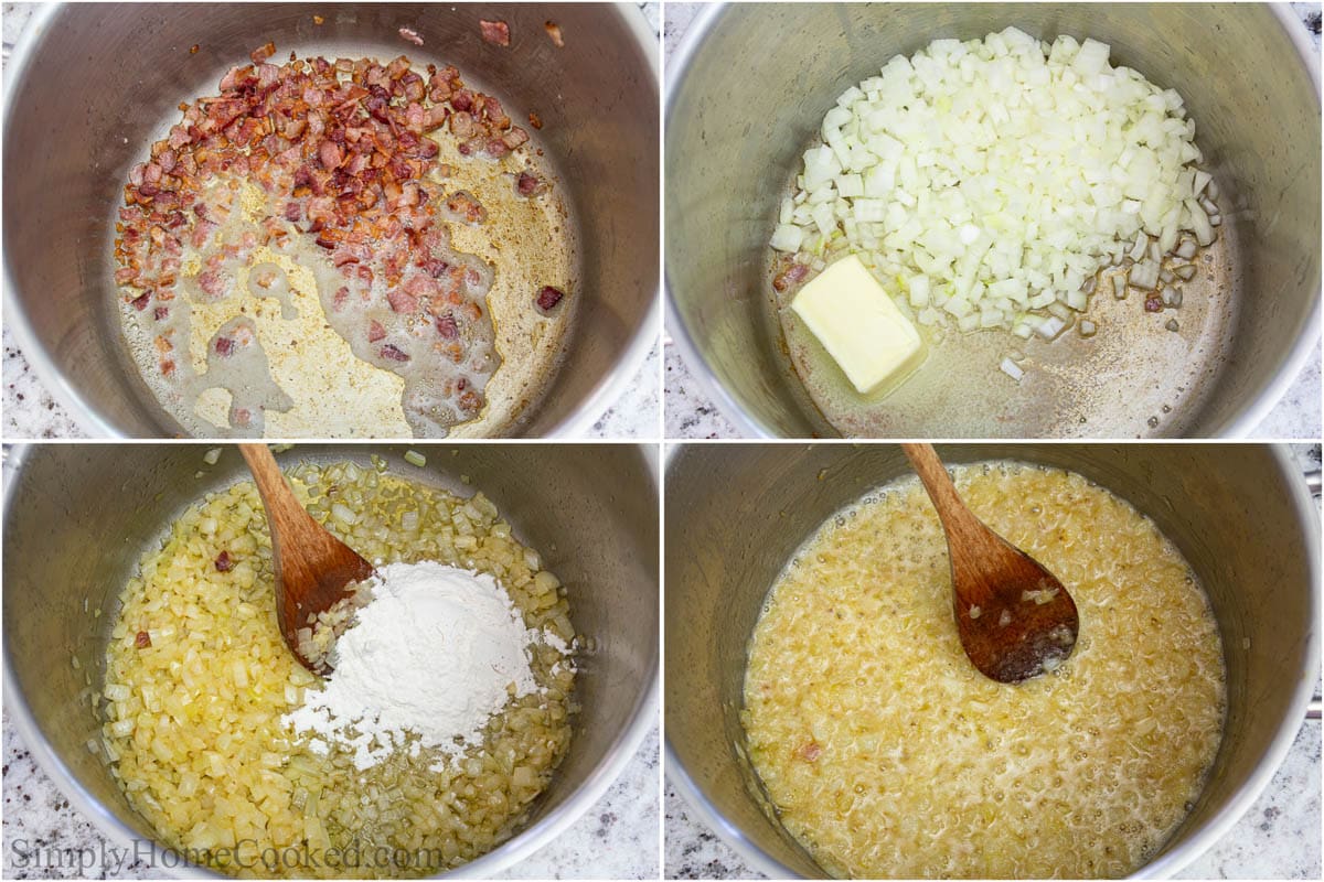 Steps to make Baked Potato Soup,, including cooking the bacon and onion, making a roux.
