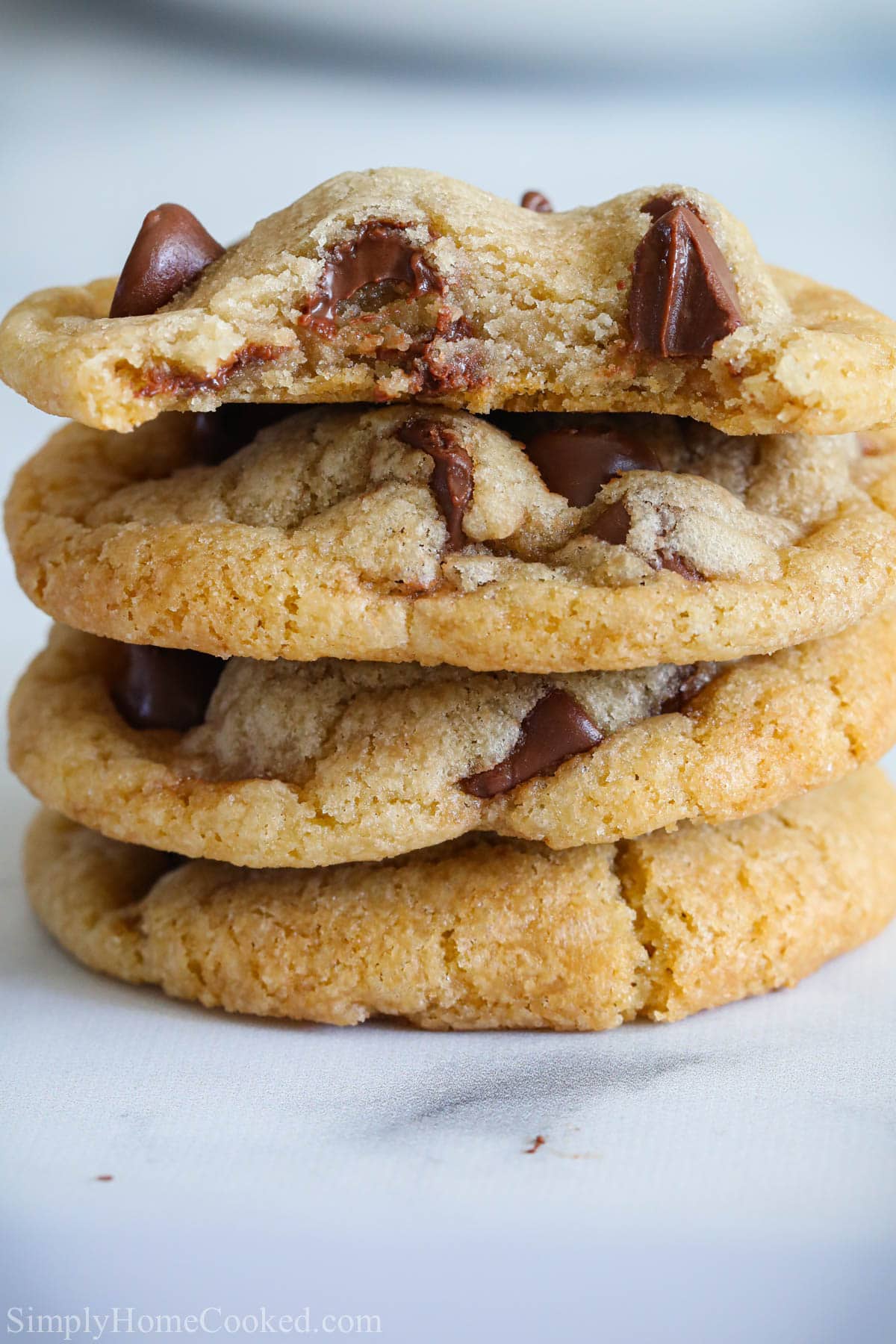 Close up of a stack of Chewy Chocolate Chip Cookies