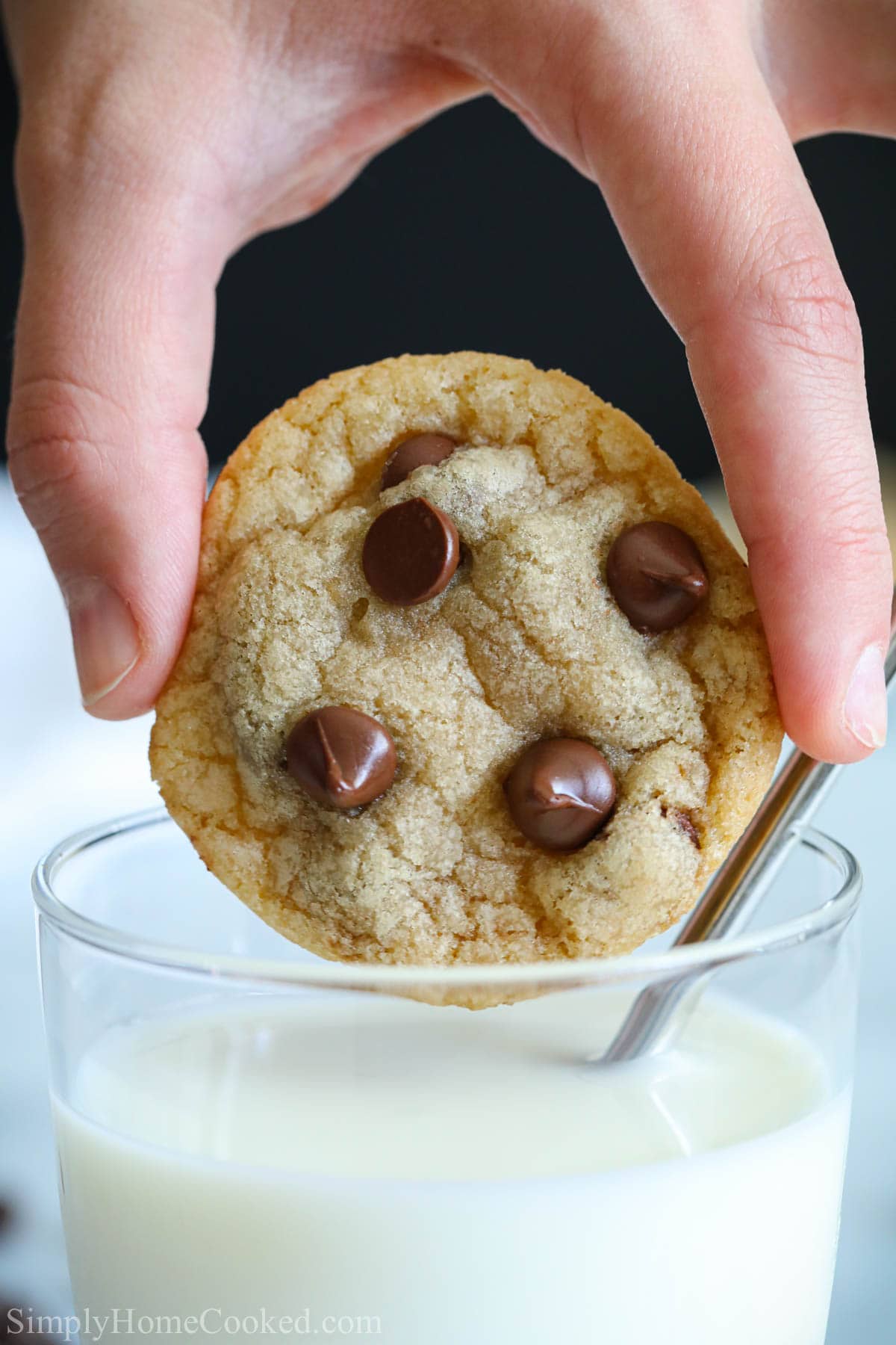 Chewy Chocolate Chip Cookies being dipped into a glass of milk