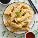 Square image of Chicken Tempura with sauces nearby