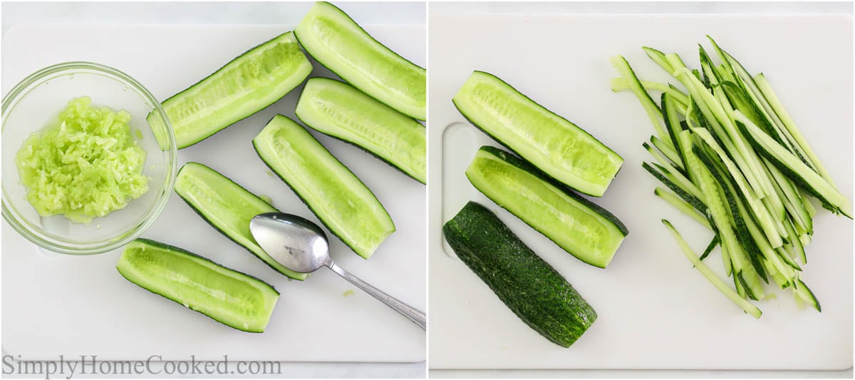 Steps to make Kani Salad, including slicing and taking out the seeds of Persian cucumbers with a spoon.