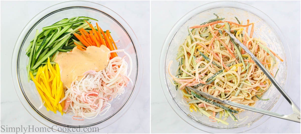 Steps to make Kani Salad, including adding the ingredients and dressing together and mixing with tongs.