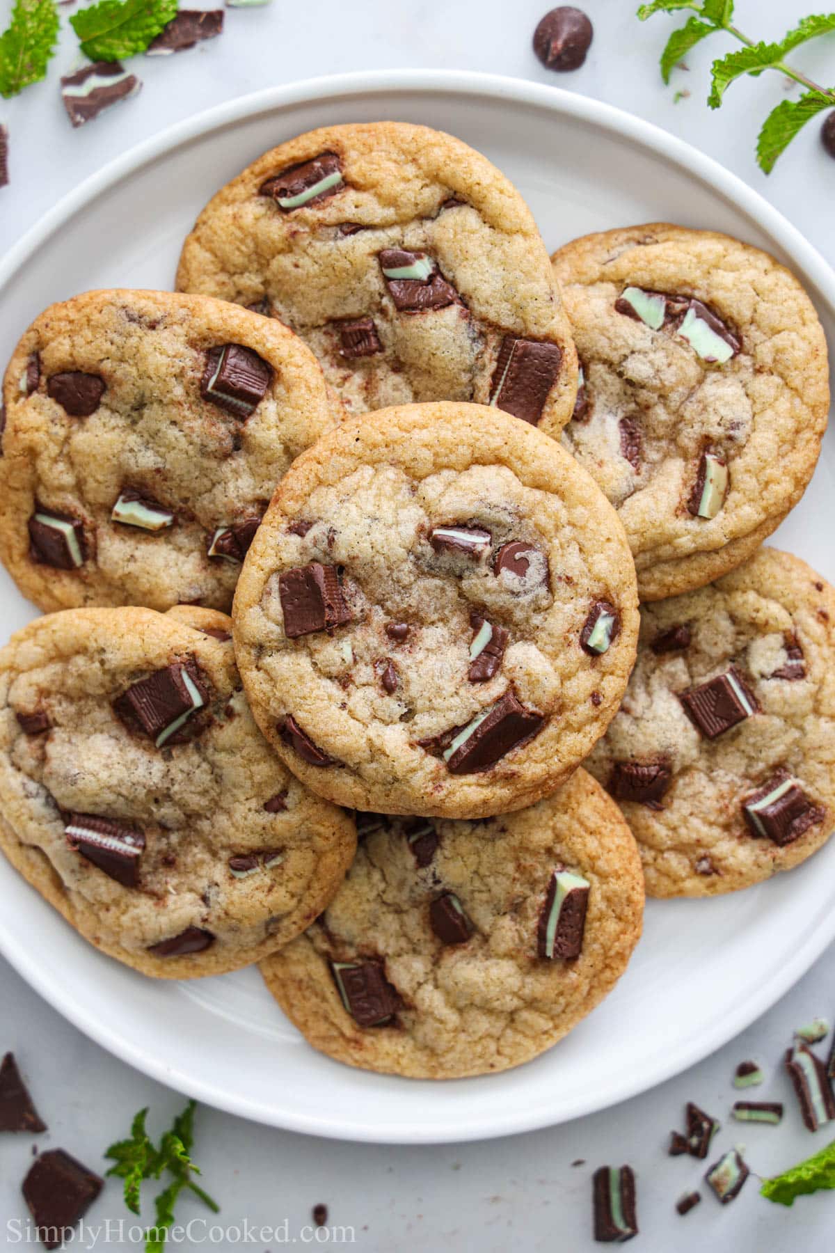 Vertical image of a plate of Mint Chocolate Chip Cookies