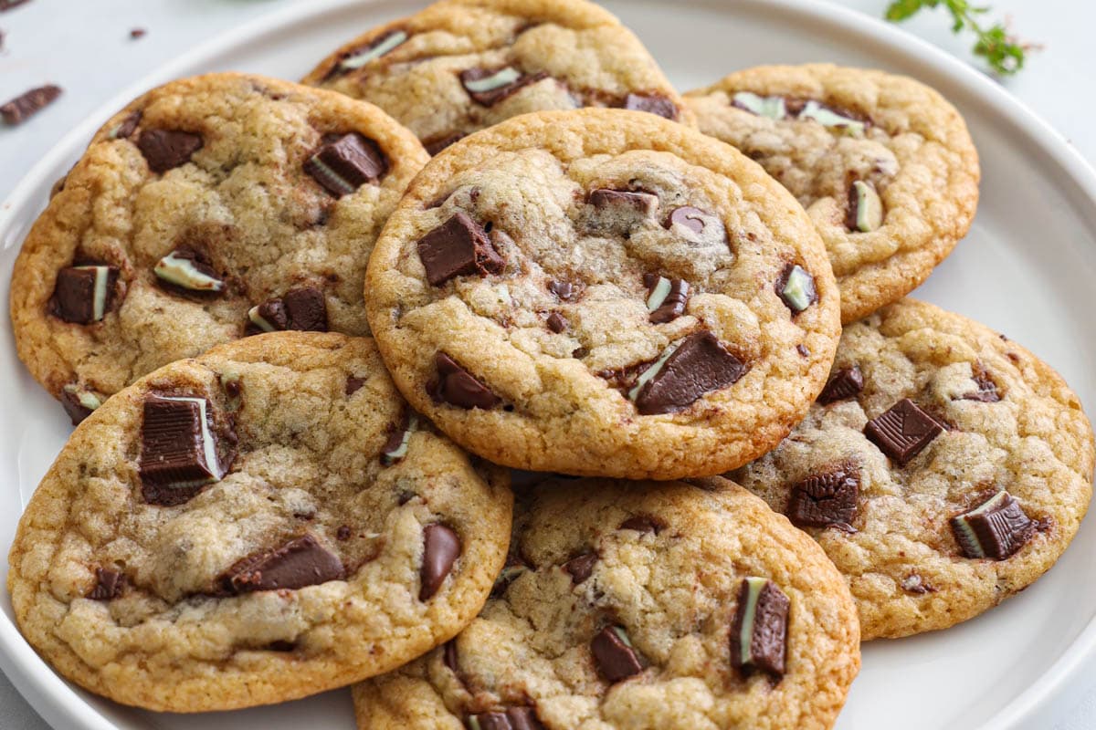 Horizontal image of a plate of Mint Chocolate Chip Cookies