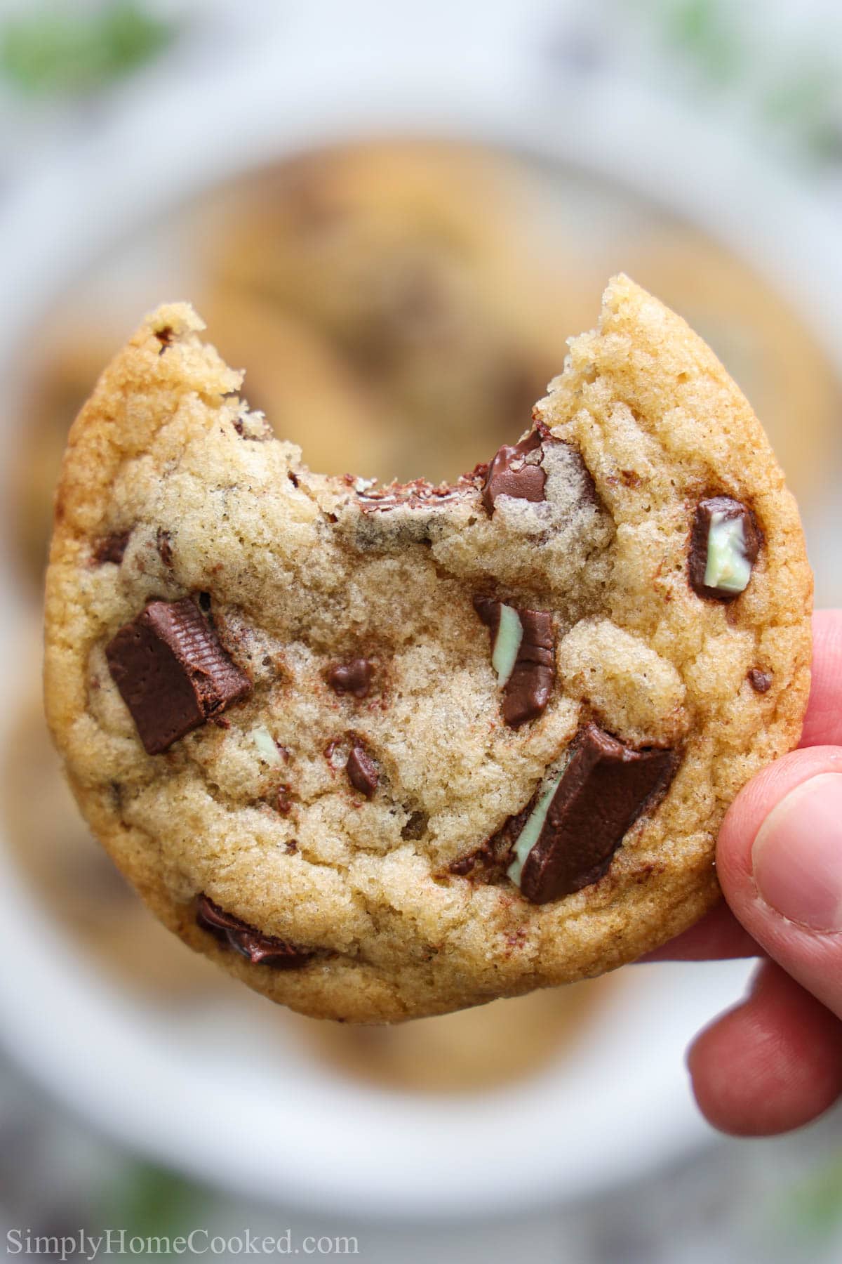 Close up image of a Mint Chocolate Chip Cookie missing a bite.